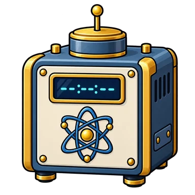 Illustrated atomic-clock instrument with an atom symbol and digital display